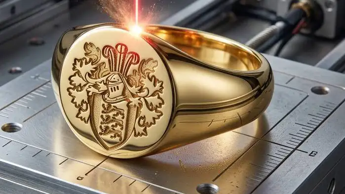 Family crest laser-engraved on a gold signet ring